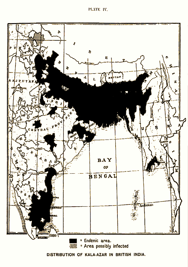 Figure 1. Distribution of kala-azar in British India (From ‘A Treatise on Kala-azar’, by Upendranath Brahmachari, John Bale, Sons and Danielson Limited, 1928)